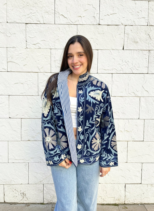 Blue Monochrome Suzani Velvet Embroidered Jacket