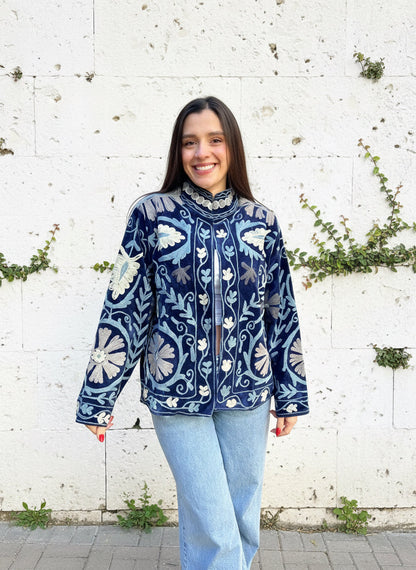 Blue Monochrome Suzani Velvet Embroidered Jacket