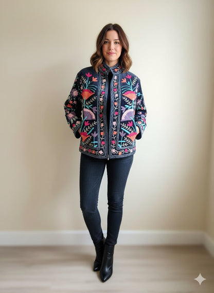 Navy Blue with Vibrant Flowers Suzani Velvet Embroidered Jacket