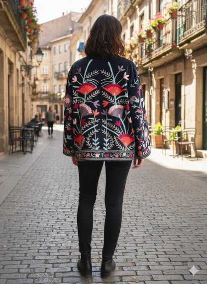 Navy Blue with Vibrant Flowers Suzani Velvet Embroidered Jacket