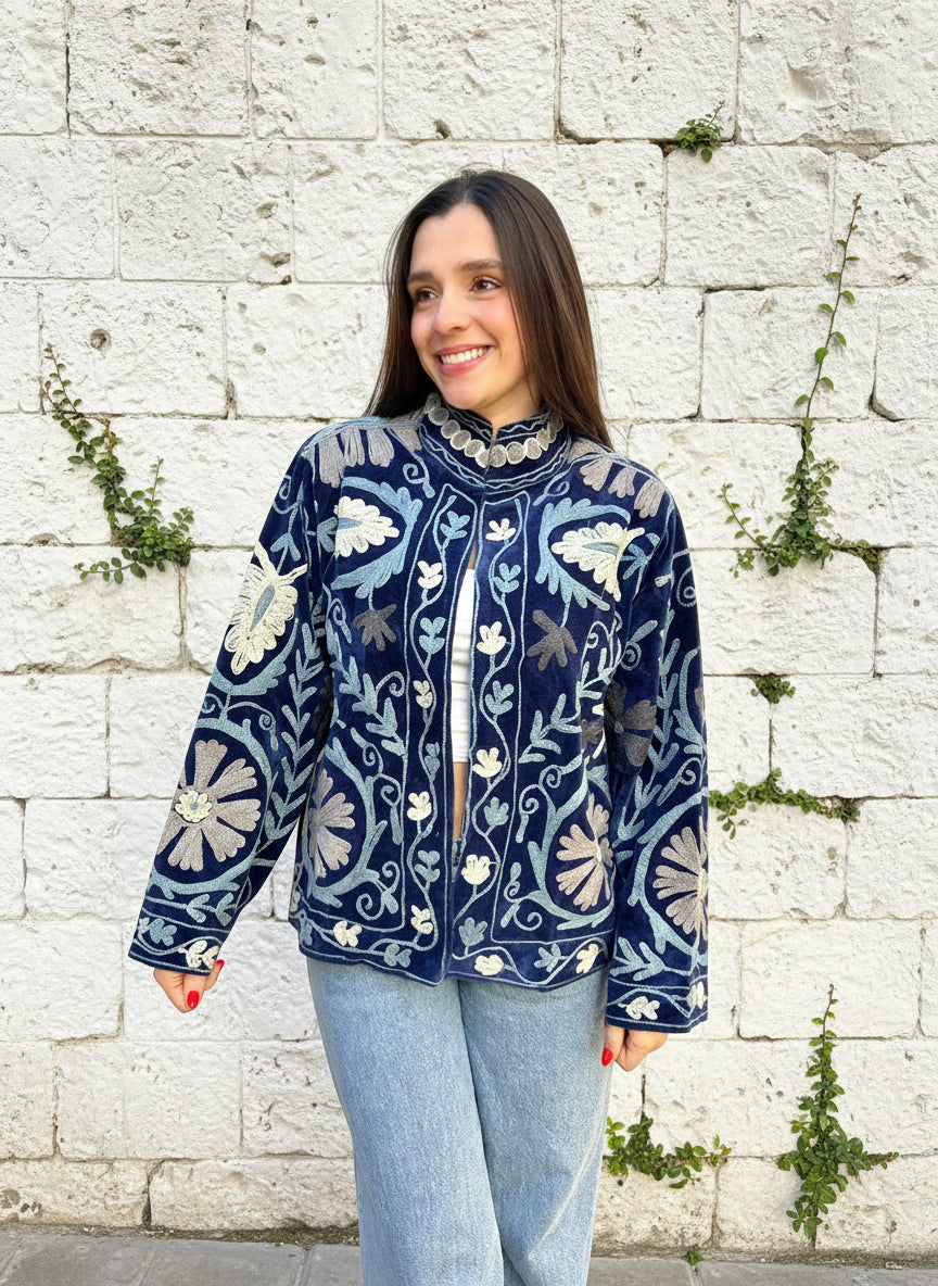 Blue Monochrome Suzani Velvet Embroidered Jacket